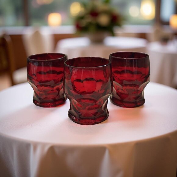 Viking Other - Set of 3 Viking Georgian Ruby Old Fashioned Whiskey Tumblers – 2.75" Vintage Red